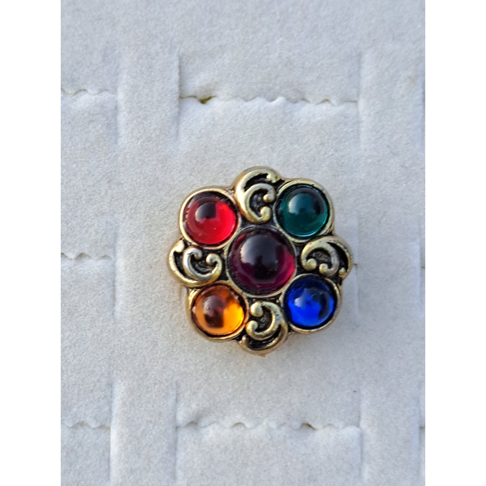 Vintage Style Multi Color Cabochon Flower Button Ring Gold Tone Adjustable